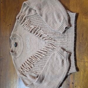 Bebe Tan Fringe Rhinestone Logo Sweater Size Medium